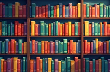 Big colorful bookcase in library home interior filled with many books. Colorful bookshelves showcase diverse literature. Imaginary dream library with various colors. Lots of books visible on many