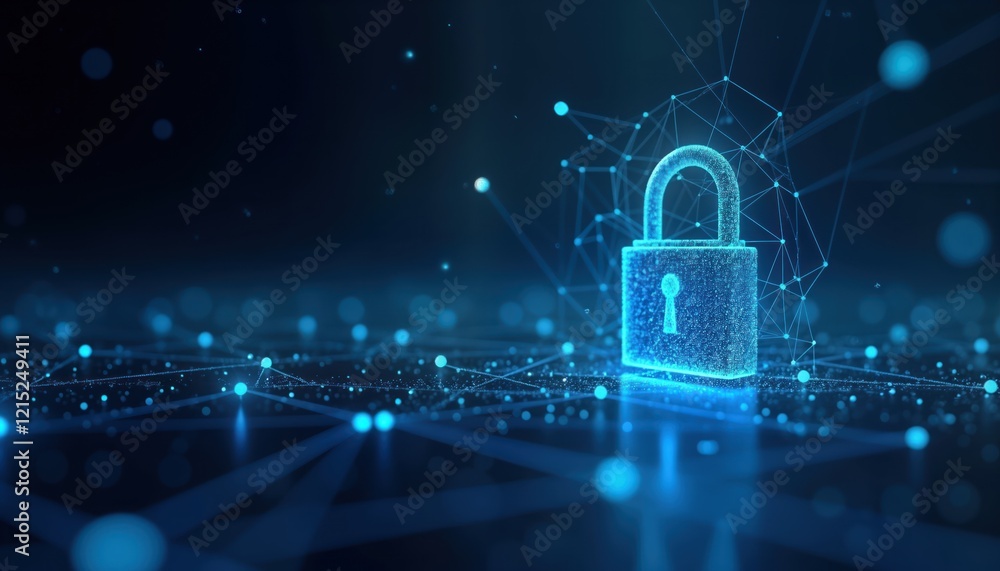 Poster futuristic illustration of internet security. abstract digital lock symbol in cyberspace. network of