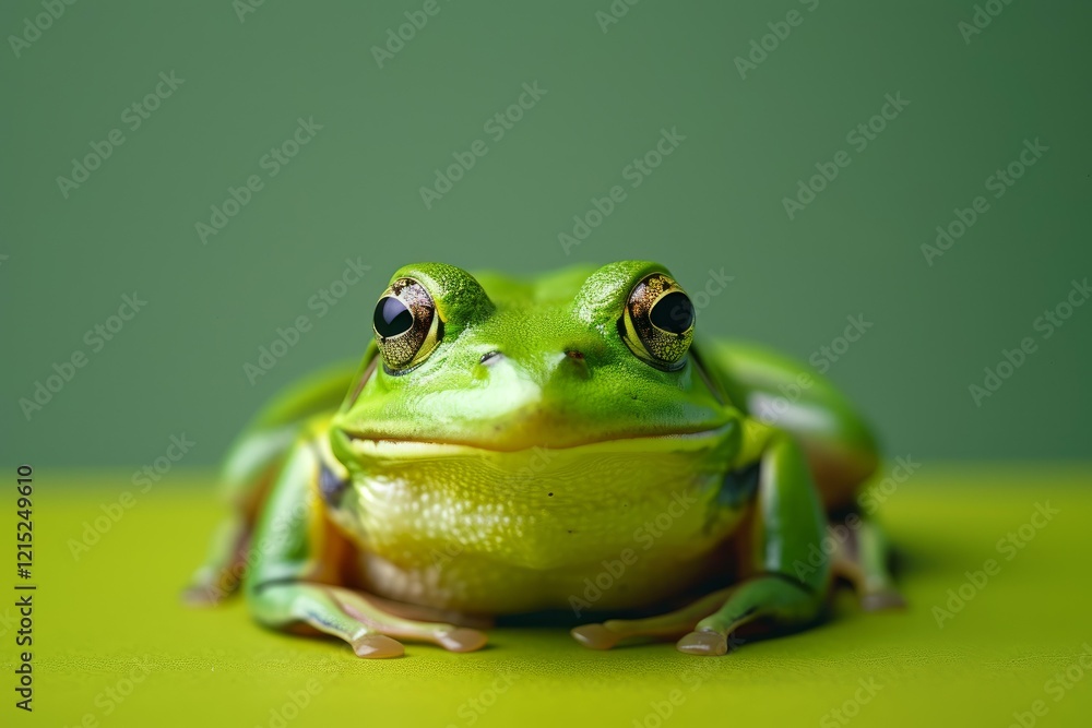 Poster close up of a vibrant green tree frog resting on a matching green surface, creating a striking monoc