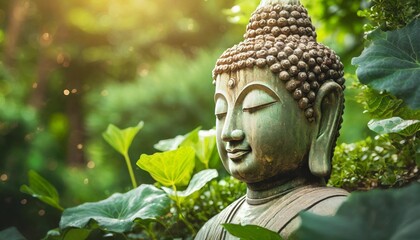 Ancient Buddha's Head Statue Surrounded by Lush Greenery, Evoking Peace, Enlightenment, and Spiritual Harmony