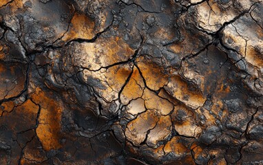 Ultra-detailed macro shot of cracked dry earth texture, showing deep fissures and rich earthy tones