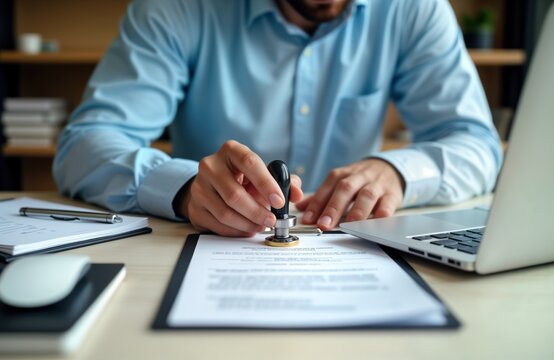 Man in light blue shirt stamps document on desk. Holds rubber stamp, applies to paperwork. Office setting with laptop, documents. Formal business scene. Official approval process. Businessman signs