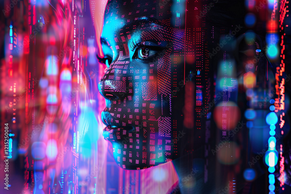 Poster close-up of a woman with digital code overlay, symbolizing the fusion of humans and technology