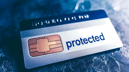 Closeup of a secure payment card with a prominent protected label, emphasizing digital security and...