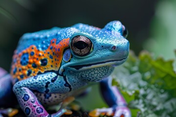 Obraz premium Vibrant exotic frog with striking blue, orange, and purple markings sits perched on a rainforest leaf