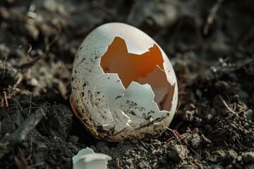 A cracked eggshell in soil with a blurred background, emphasizing the broken shell on dirt ground.