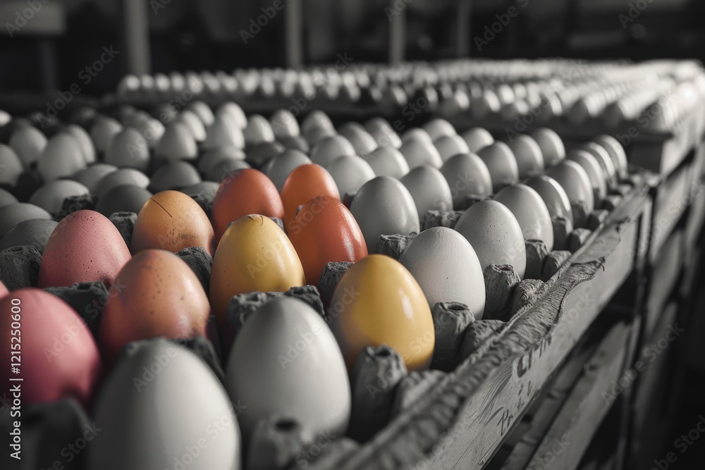 Poster a row of eggs in a carton, some of which are yellow and some are white. the eggs are arranged in a w