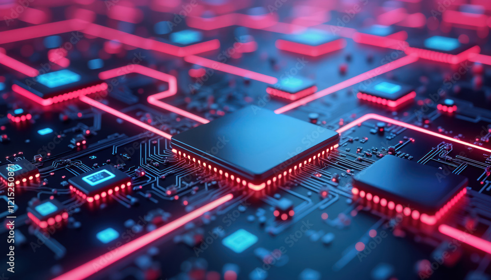 Poster detailed circuit board with glowing components. complex network of interconnected chips. modern tech