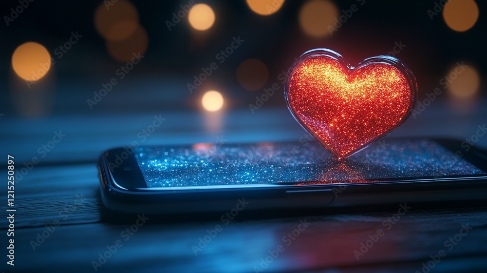 Poster a sparkly red heart over a mobile phone with abstract bokeh background