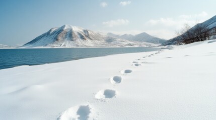 Snowy footprints trace a path along a pristine lake, nestled beside snowy mountains, conveying solitude and untouched winter beauty.