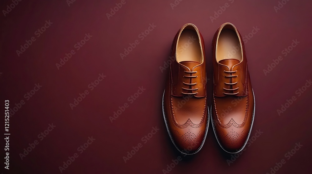 Poster a stylish pair of formal shoes placed against a deep maroon background with ample copy space on the 