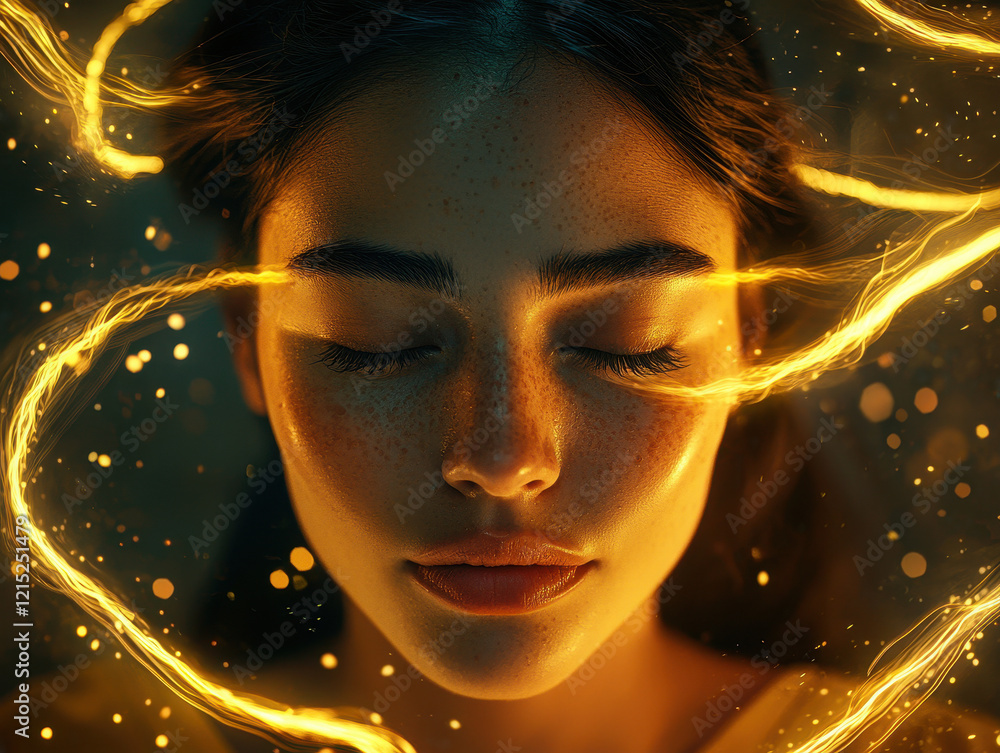 Poster close-up of a woman's face with glowing abstract shapes depicting mental energy and thought processe