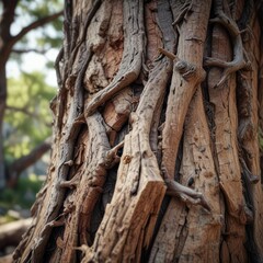 Fototapeta premium Closeup of ancient tree trunk with rugged, weathered bark and twisted branches, outdoor tree, wooden tree, rugged bark