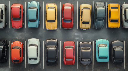 row of cars parked in the parking lot, different colors and models of vehicles.