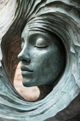 Sculpted face with closed eyes within flowing frame.