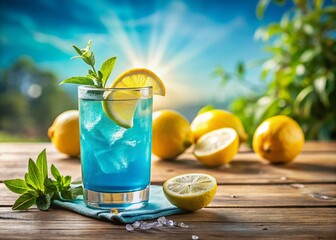 Fototapeta premium Refreshing Blue Hawaiian Italian Soda with Lemon Slice - Summer Drink