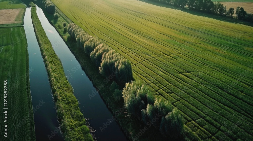 Poster a field with a river running through it and trees on the side. the grass is green and the sky is blu