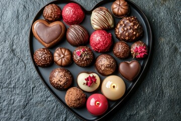 luxe chocolate bonbons with heart-shaped tray and lovely candles