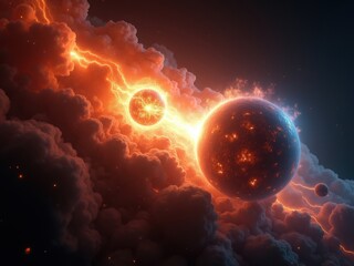 Obraz premium Visualization highlights the dramatic interaction between dark matter and celestial bodies surrounding a black hole situated in the expansive universe