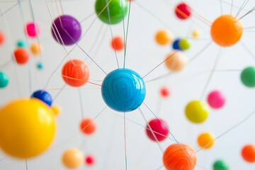 Connected, colorful spheres hang suspended by thin strings.