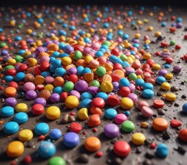 Colorful sweets scattered on the ground in a messy heap, sugar rush, explosion