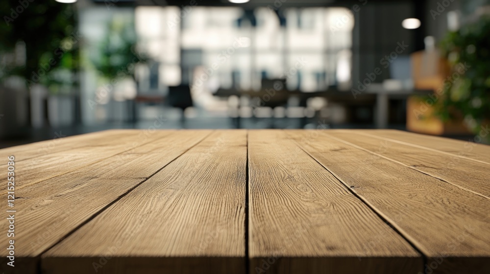 Poster a wooden table with a view of a room. the table is empty and the room is dimly lit