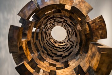 Naklejka premium Wooden circular tunnel viewed from below, sky visible.