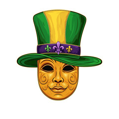 Carnival golden venetian face mask with Mardi Gras tall top hat with belt, band with fleur de lis pins. Festival masquerade accessories. Detailed illustration in vintage style. Front view. © OA_Creation