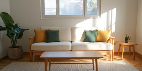 A cozy living room featuring a light sofa with colorful cushions, a wooden coffee table, and a plant, illuminated by natural sunlight.