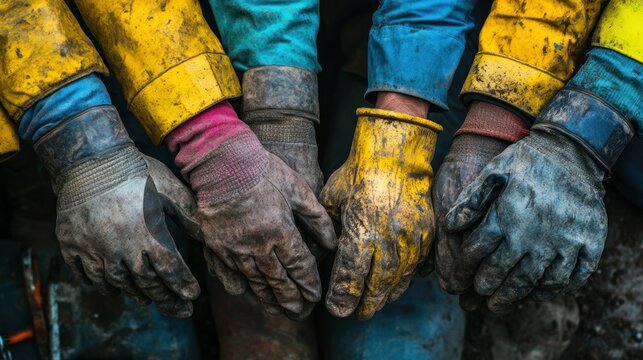 Close-up of worker's gloved hands, showcasing wear and team collaboration, demonstrating manual labor and teamwork