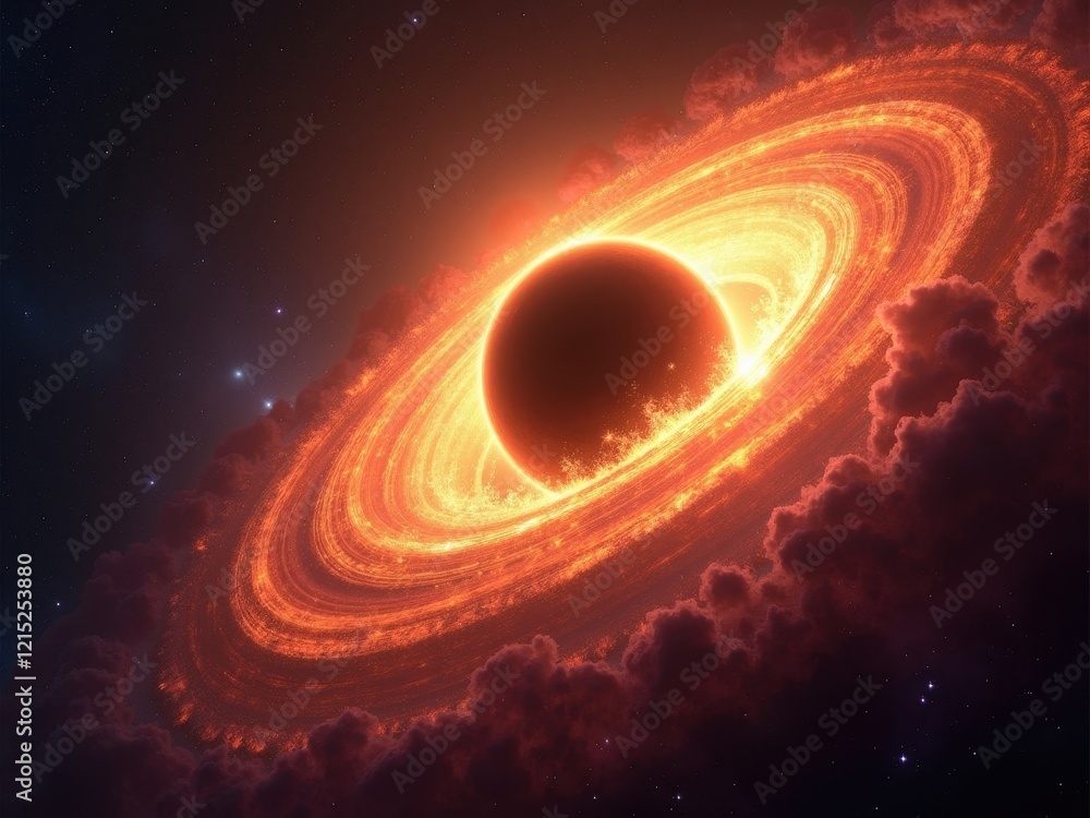 Poster visualization of a black hole surrounded by glowing gas and dust in a cosmic setting with swirling c