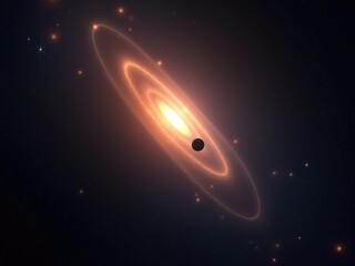 Visualization of a black hole surrounded by swirling accretion disk and glowing cosmic gas in the depths of space