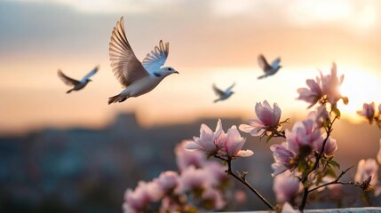 Fototapeta premium In a glow of warm sunset light, doves in graceful flight soar over a cityscape, framed by the soft beauty of pink blossoms, capturing freedom and serenity.
