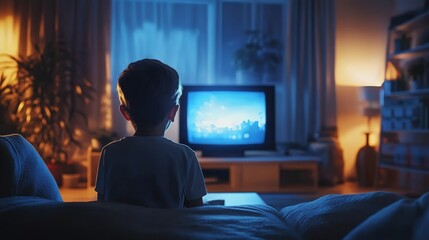 A child watching TV in a cozy room or bedroom. Concept of a child watching TV symbolizing the need for digital detox.