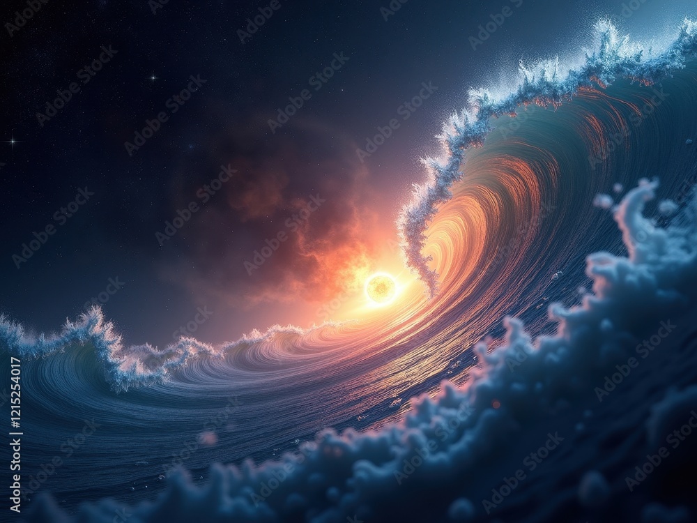 Poster visualization of a black hole amidst celestial waves highlighting cosmic phenomena in a distant univ