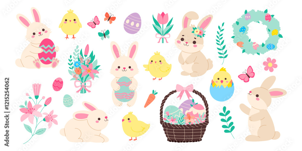 Wall mural a collection of easter bunny and bird characters. some of the characters are holding eggs, while oth