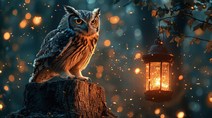 An owl descends to a weathered stump, illuminated by a flickering lantern, while golden particles shimmer in the dusk light deep in the forest