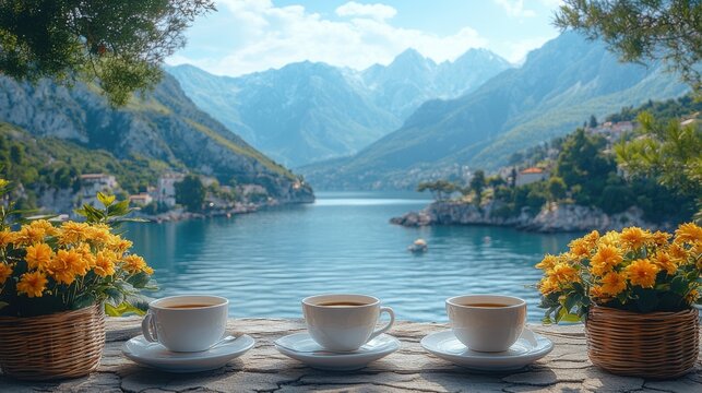 Tranquil lakeside scene with three cups of coffee and vibrant flowers, mountains in background.