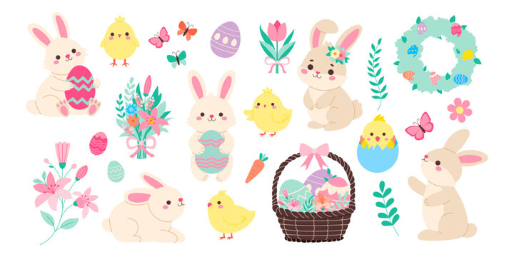 A collection of Easter bunny and bird characters. Some of the characters are holding eggs, while others are holding baskets. Scene is cheerful and festive, with a focus on the Easter holiday