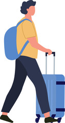 Young male tourist walking with a backpack and pulling a wheeled suitcase, going to boarding gate at the airport, side view, flat vector illustration isolated on white background