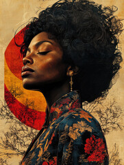 Fototapeta premium Elegant portrait of a woman in a floral dress with a bold red and yellow abstract background.