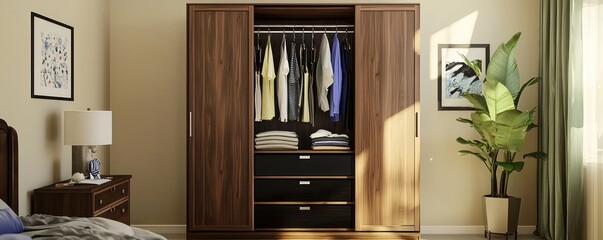 A modern wardrobe in a bedroom setting featuring soft beige walls and striking black walnut accents