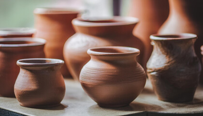 Clay pots in earthy tones. Handmade pottery.