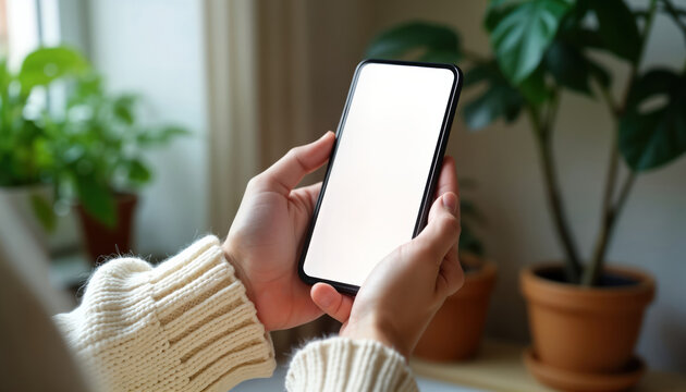 Person holds phone with blank screen indoor. Casual indoor setting. Person wearing cream-colored sweater. Potted plants visible in background. Focus on phone, hands. Modern tech device. Communication