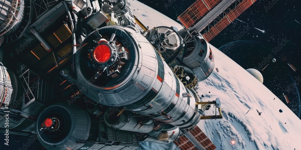 Poster a space shuttle is in the middle of the sky with a red light on top. the shuttle is surrounded by a 