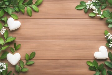 Wooden Background with White Hearts and Greenery Frame.