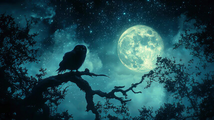 Fototapeta premium An owl rests on a twisted branch silhouetted against a luminous full moon, surrounded by a starry night sky and dark outlines of trees in the background