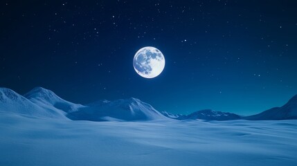 Serene Night Moon over Snowy Peaks - A tranquil nighttime scene, symbolizing peace, solitude, wonder, mystery, and the vastness of nature. Full moon illuminates a snow covered landscape.