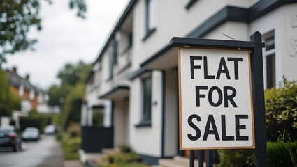 Fototapeta premium High-Quality Flat for Sale Photograph with a Board Displayed Perfect for Real Estate Agents and Property Dealers