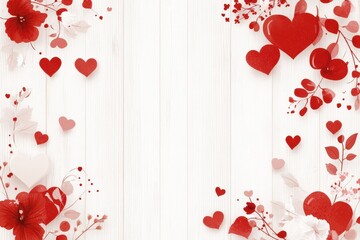 Romantic Valentine's Day Floral Frame on White Wooden Background.